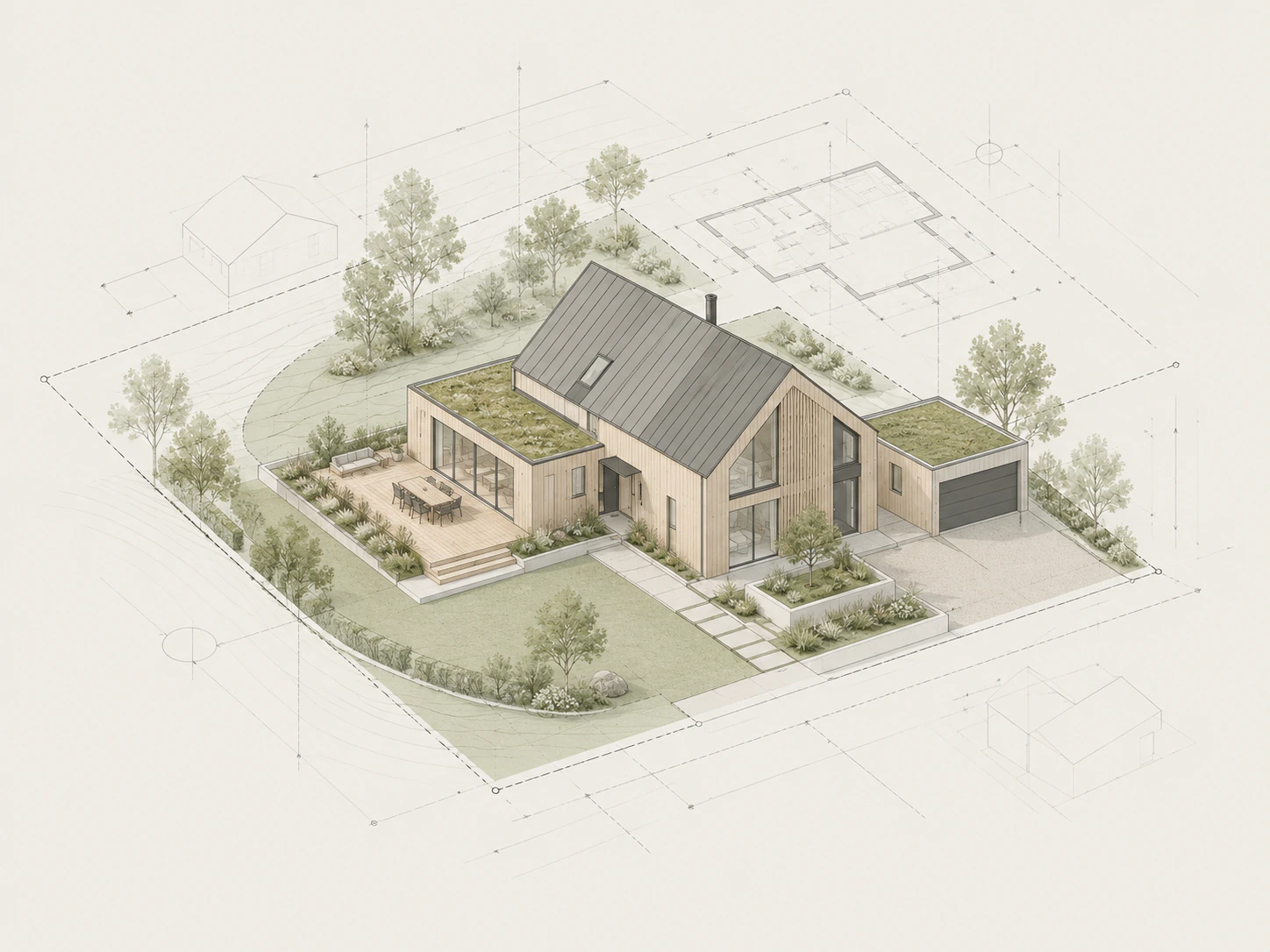 Arkitekturillustrasjon av en norsk enebolig med tilbygg, terrasse, garasje og hage, omgitt av situasjonslinjer og plantegninger.