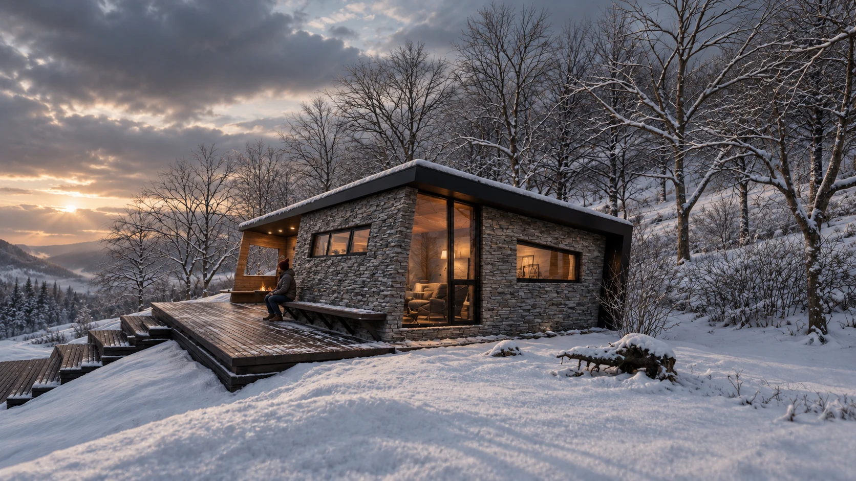 3D-visualisering av annekset på Oppdal med naturstein, hjørnevindu og terrasse i vinterlandskap