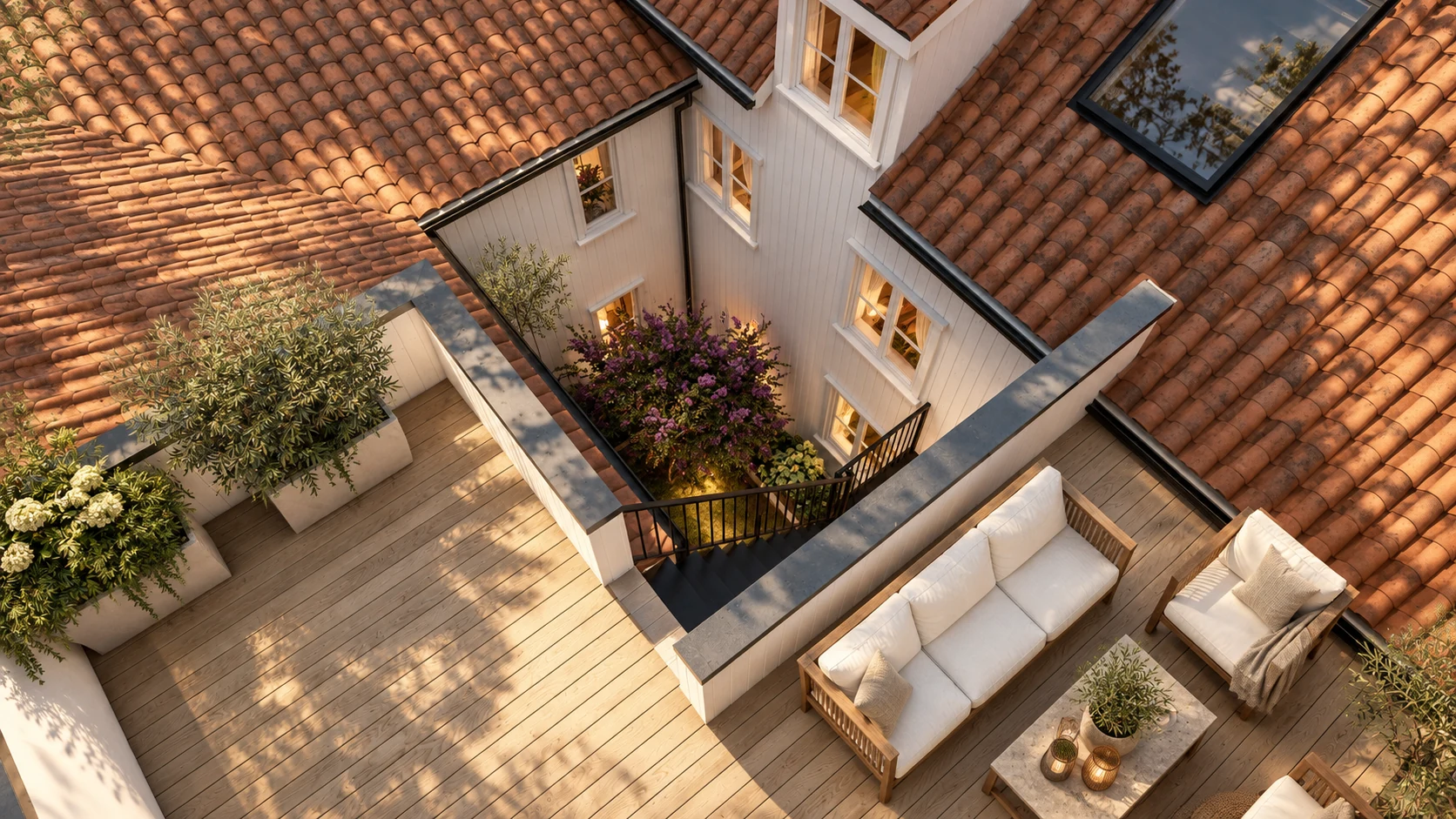 Brandhaugveita 1 sett ovenfra med takterrasse, tegltekking og beplantet bakgård