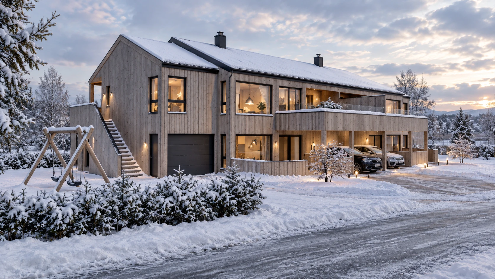 Krokusvegen 14 med lys trekledning, balkonger og carport i vinterlandskap på Oppdal