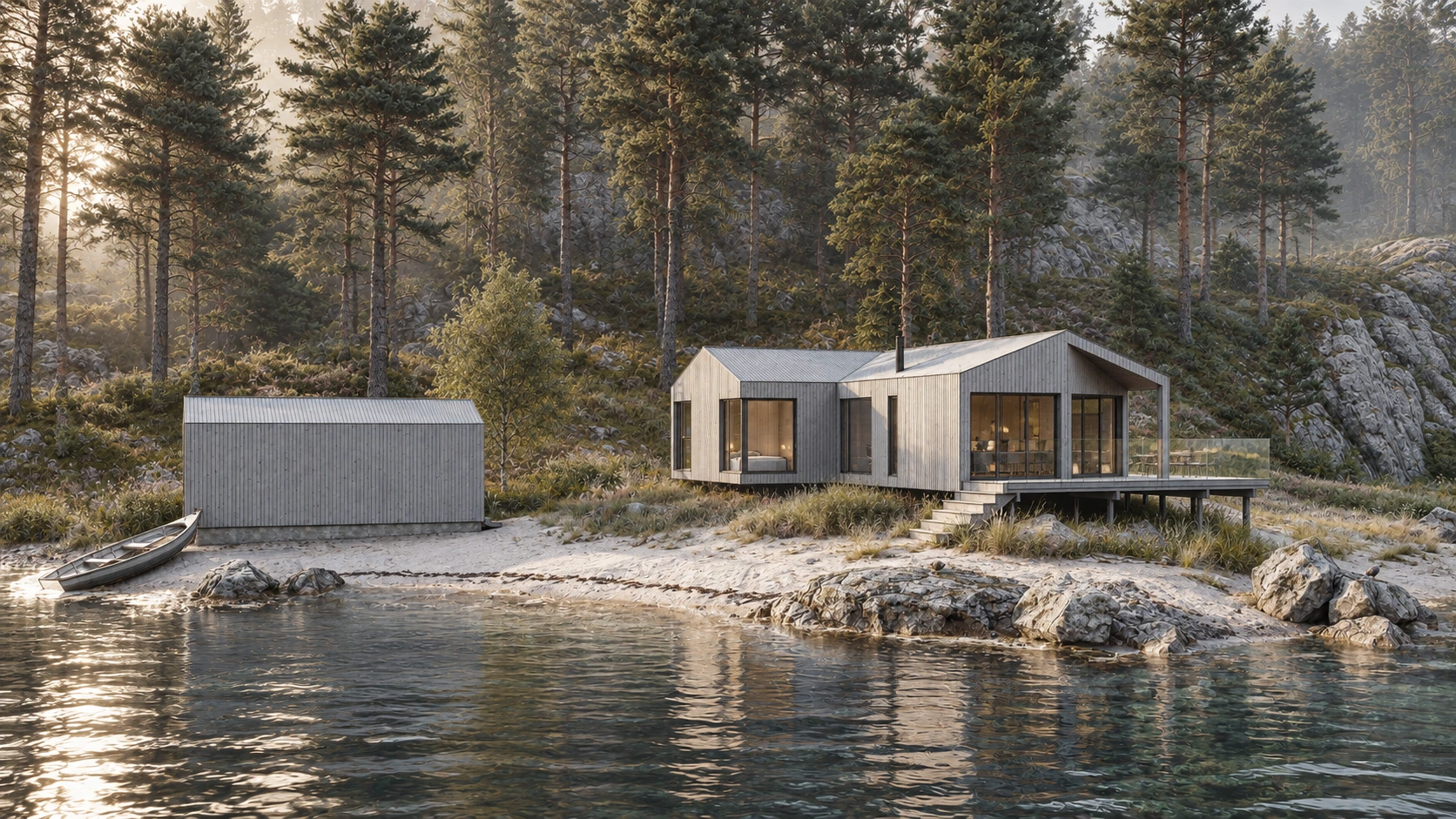 Selnesveien 900 med modernisert hytte, terrasse og skogkledd strand på Fosen