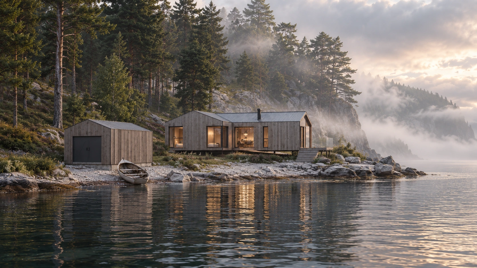 Fritidsboligen og den frittstående boden sett fra vannet, med grå trekledning, saltak og skog i dis