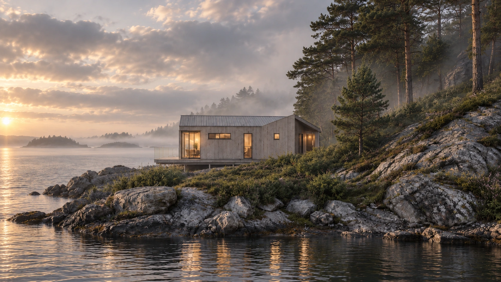 Hytta sett fra siden med store vinduer mot sjøen, omgitt av svaberg og furuskog