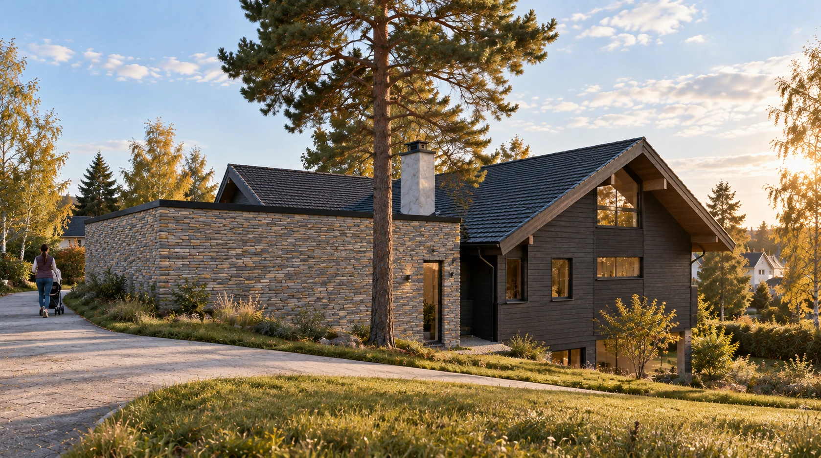 Dobbelgarasjen sett fra baksiden med natursteinskledning, sidedør og eksisterende bolig i skrånende terreng